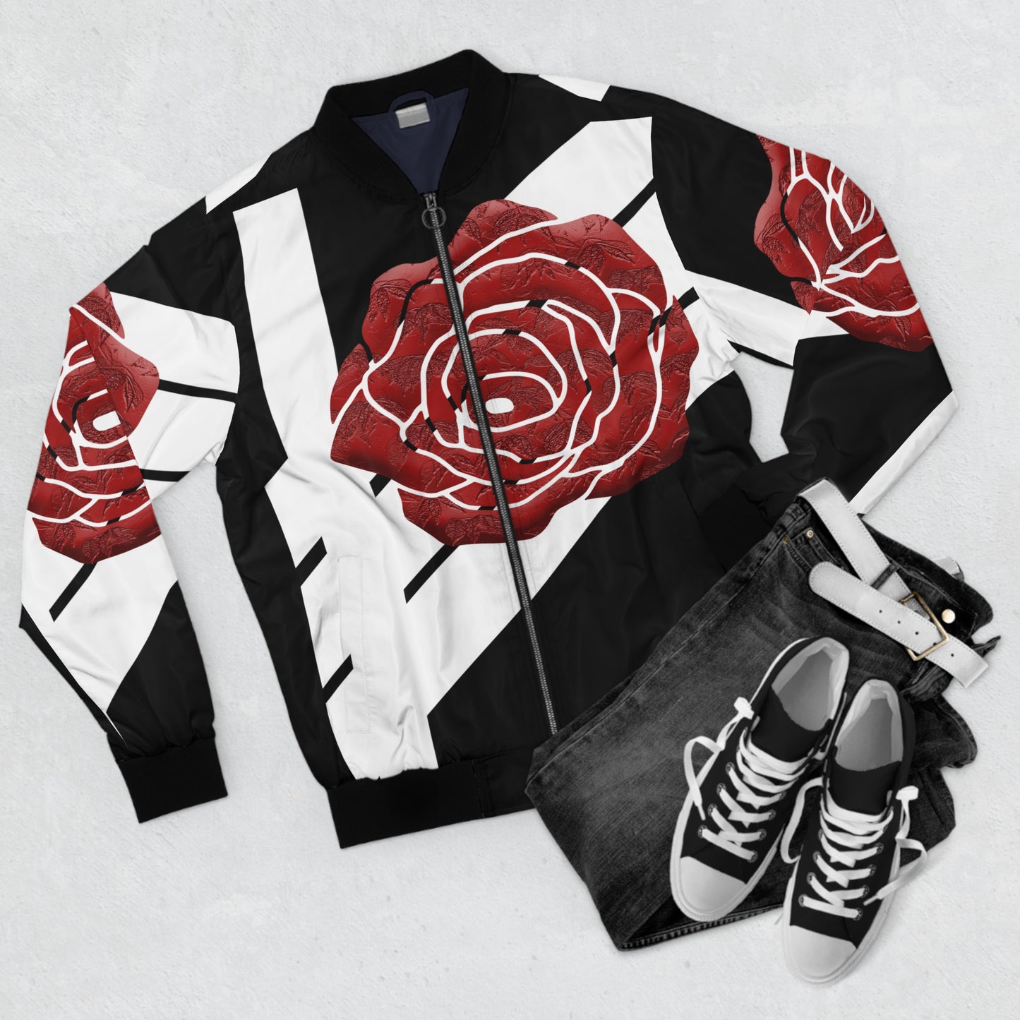 "A Rose is Still..." Black Bomber Jacket (Floral Finesse)