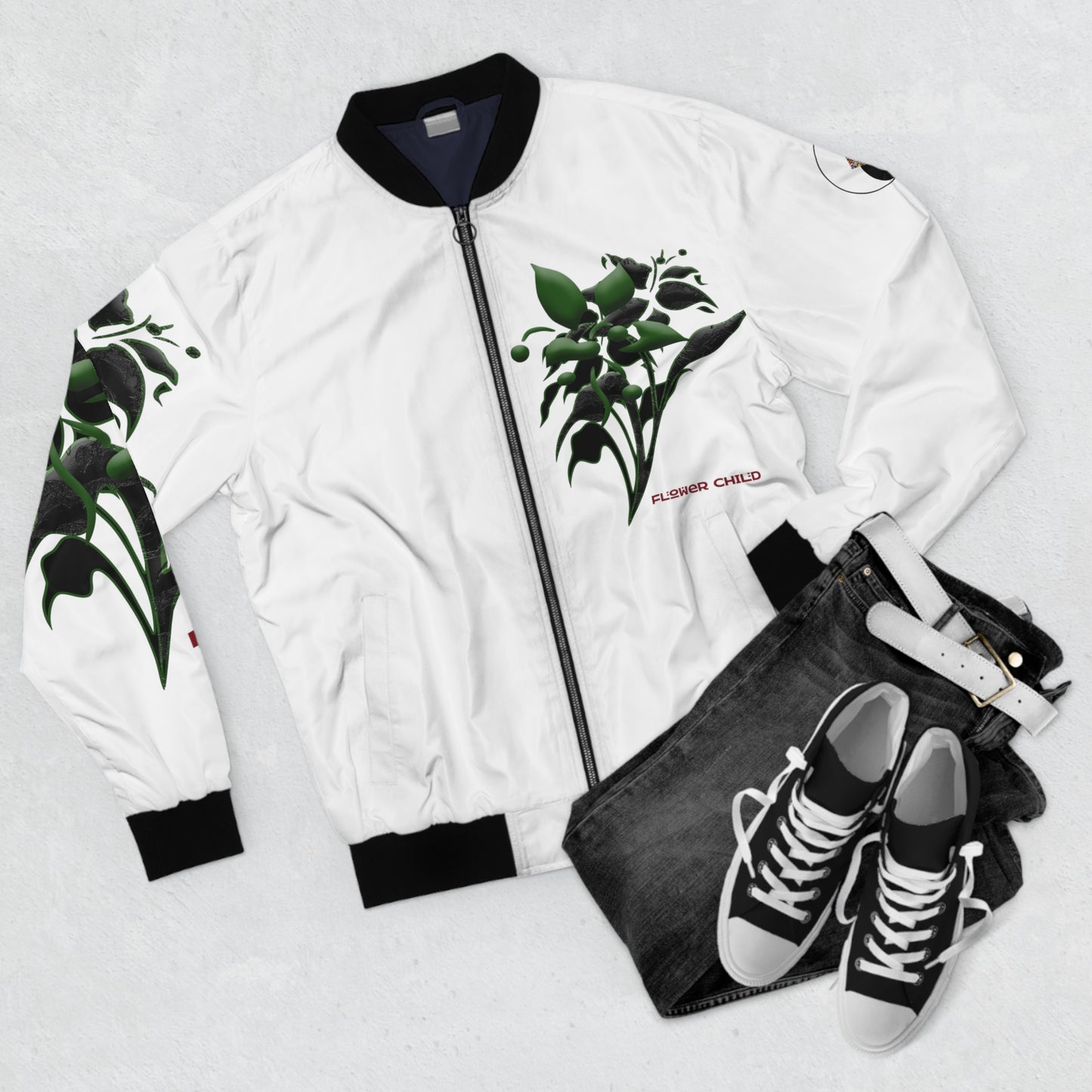 "Floral Finesse: Blossom in Style with our All-Over Angel Print Bomber Jacket"