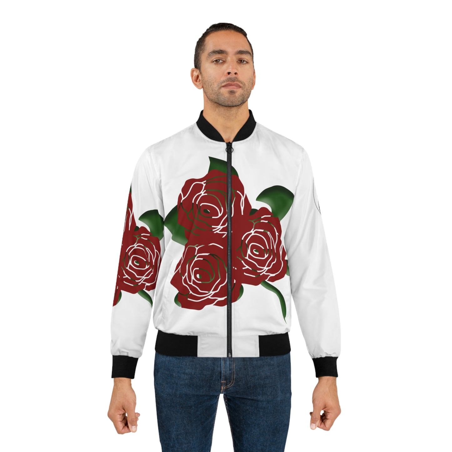 "Floral Finesse: Roses R in Style with our All-Over Print Bomber Jacket"