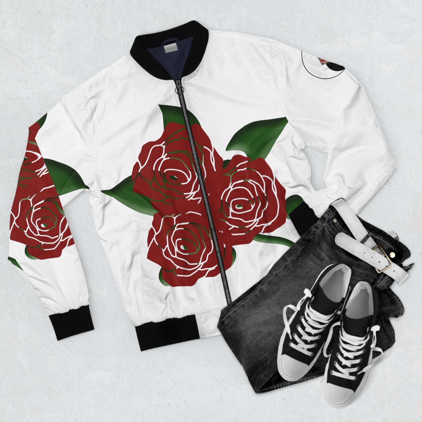 "Floral Finesse: Roses R in Style with our All-Over Print Bomber Jacket"